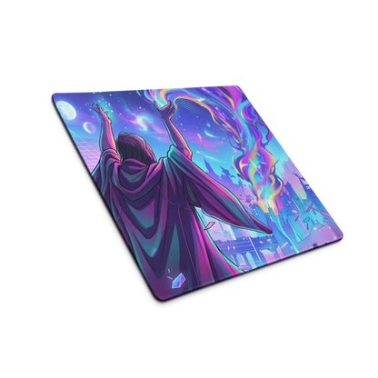 Neon vaporwave gaming mouse pad with vibrant neon purple and blue cosmic figure in flowing robes for synthwave mood
