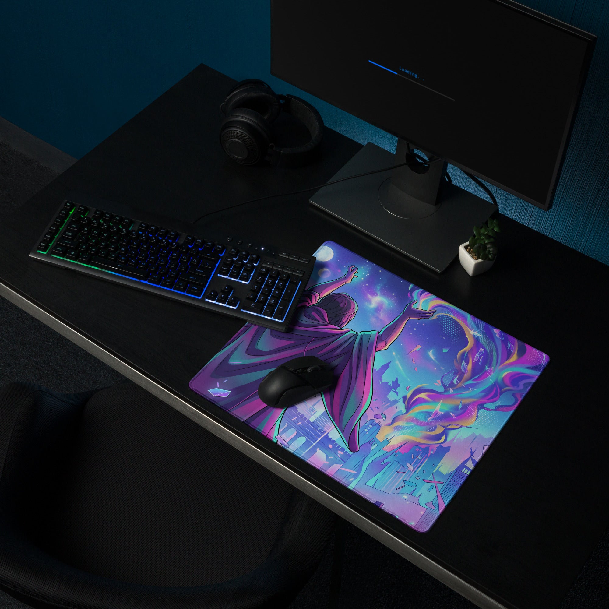 Neon vaporwave gaming mouse pad with vibrant galaxy-themed design featuring dynamic figure in purple pink cosmic colors
