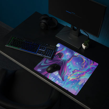 Neon vaporwave gaming mouse pad with vibrant galaxy-themed design featuring dynamic figure in purple pink cosmic colors