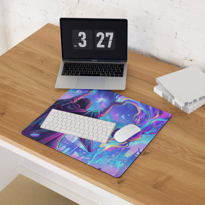 Vibrant neon vaporwave gaming mouse pad with purple and blue cosmic figure on swirling galaxy background for gamers