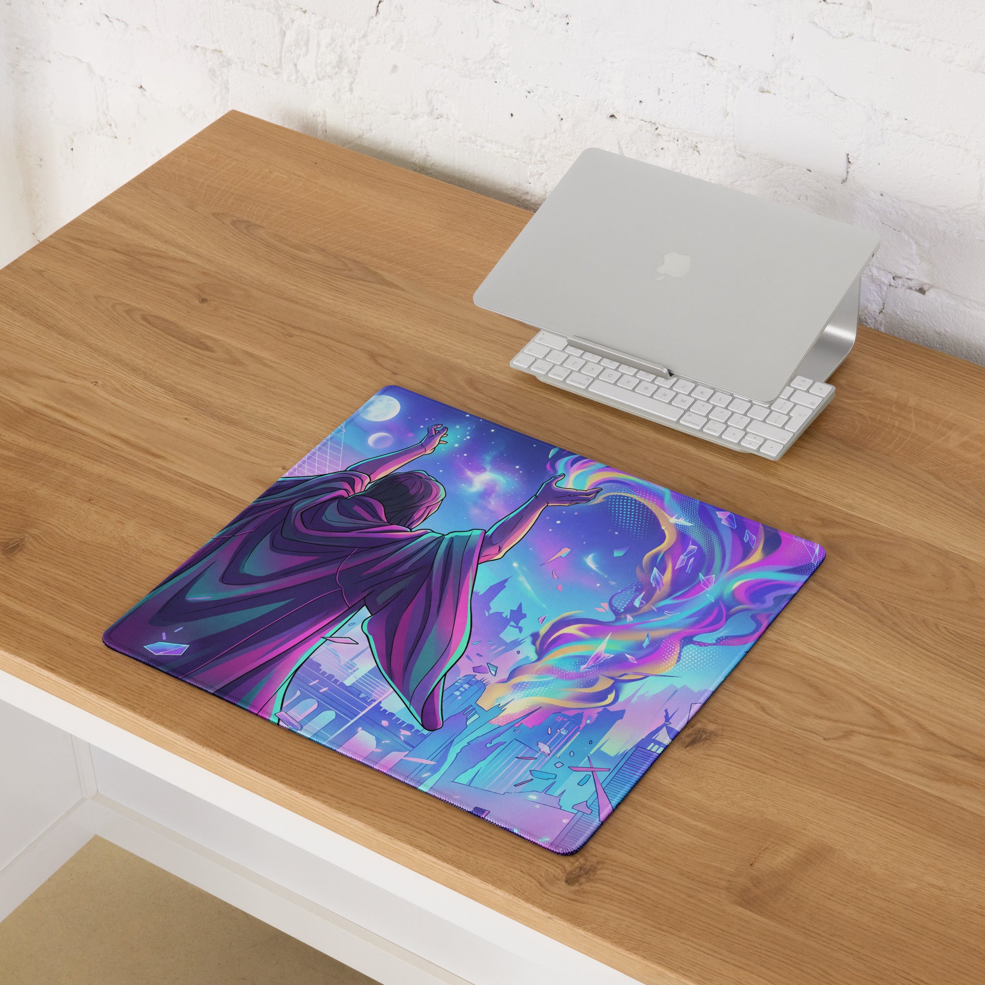 Neon vaporwave gaming mouse pad with vibrant purple and blue cosmic design featuring a robed figure reaching nebulae