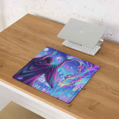 Neon vaporwave gaming mouse pad with vibrant purple and blue cosmic design featuring a robed figure reaching nebulae