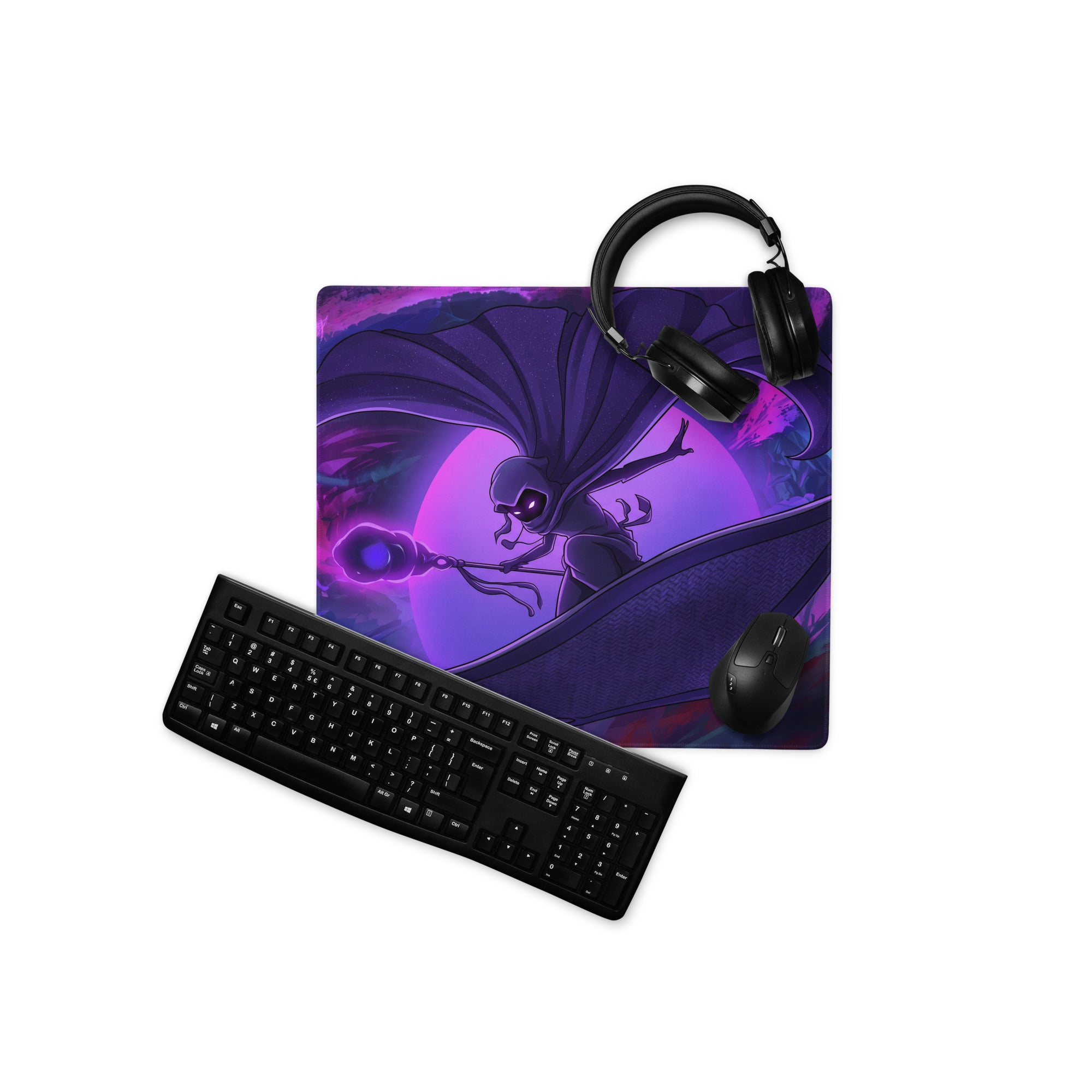 Purple and black vaporwave neon anime mouse pad featuring a cartoon character in a cape against a cosmic backdrop