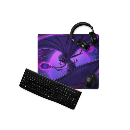 Purple and black vaporwave neon anime mouse pad featuring a cartoon character in a cape against a cosmic backdrop