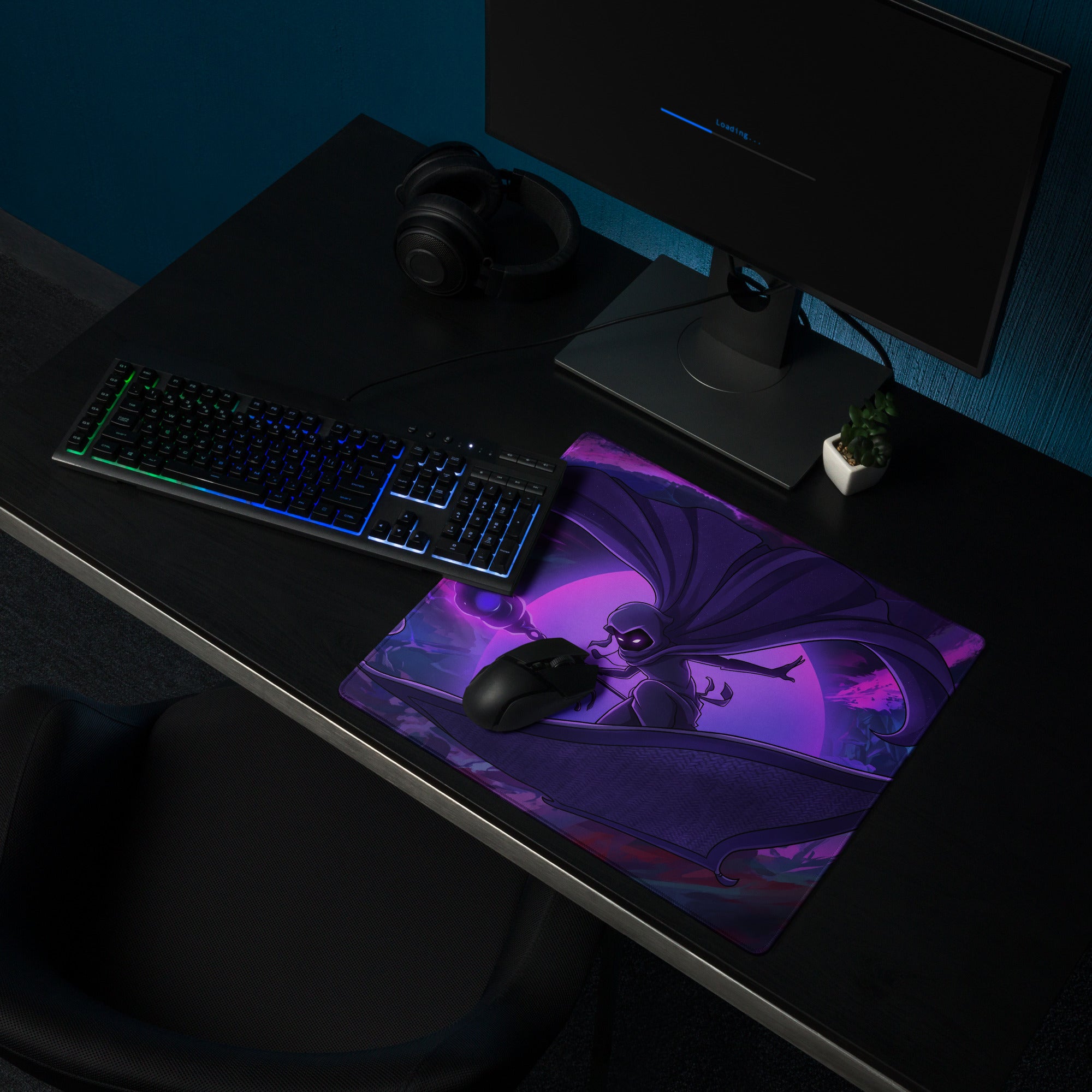 Purple and black vaporwave neon anime mouse pad featuring a winged character in digital art style for gaming desks