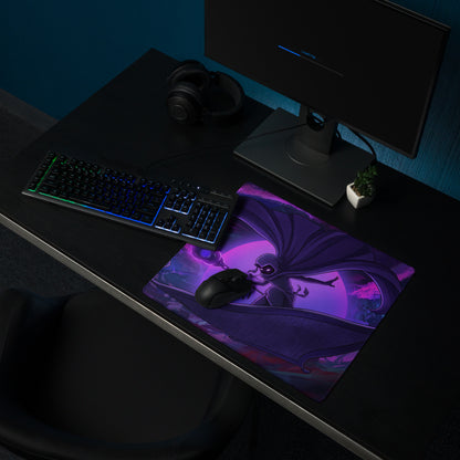 Purple and black vaporwave neon anime mouse pad featuring a winged character in digital art style for gaming desks