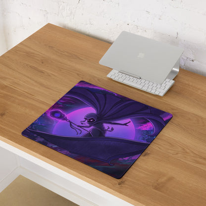 Purple and black vaporwave neon anime mouse pad featuring a fantasy character with wings against vibrant purple sky