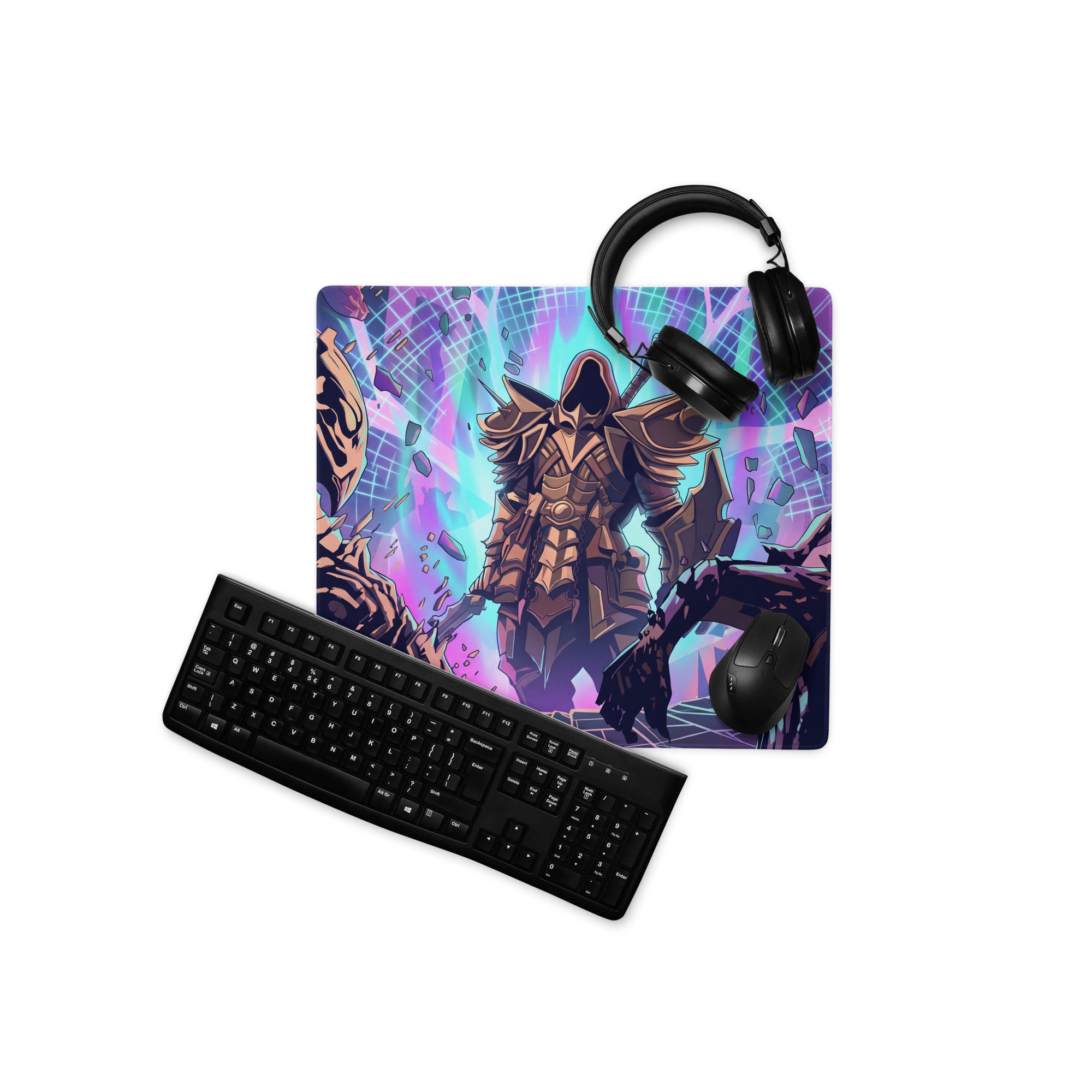 Vaporwave neon battle armor gaming mouse pad with vibrant purple blue colors and armored warrior digital art design