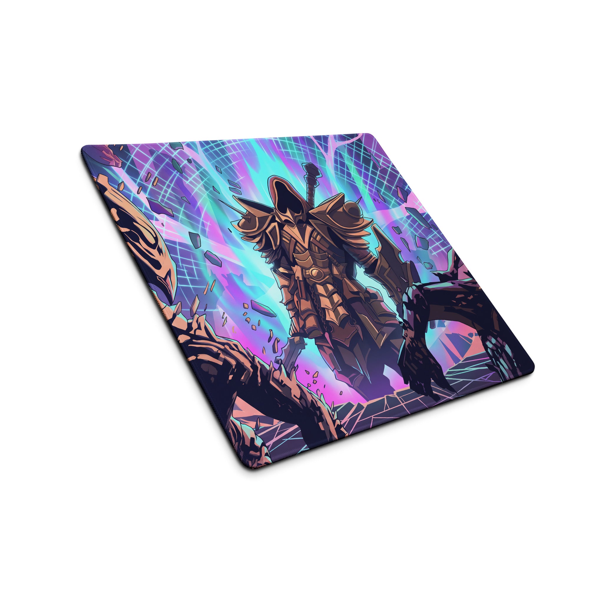 Vibrant purple and teal vaporwave neon mouse pad featuring a stylized golden-brown armored warrior digital art design