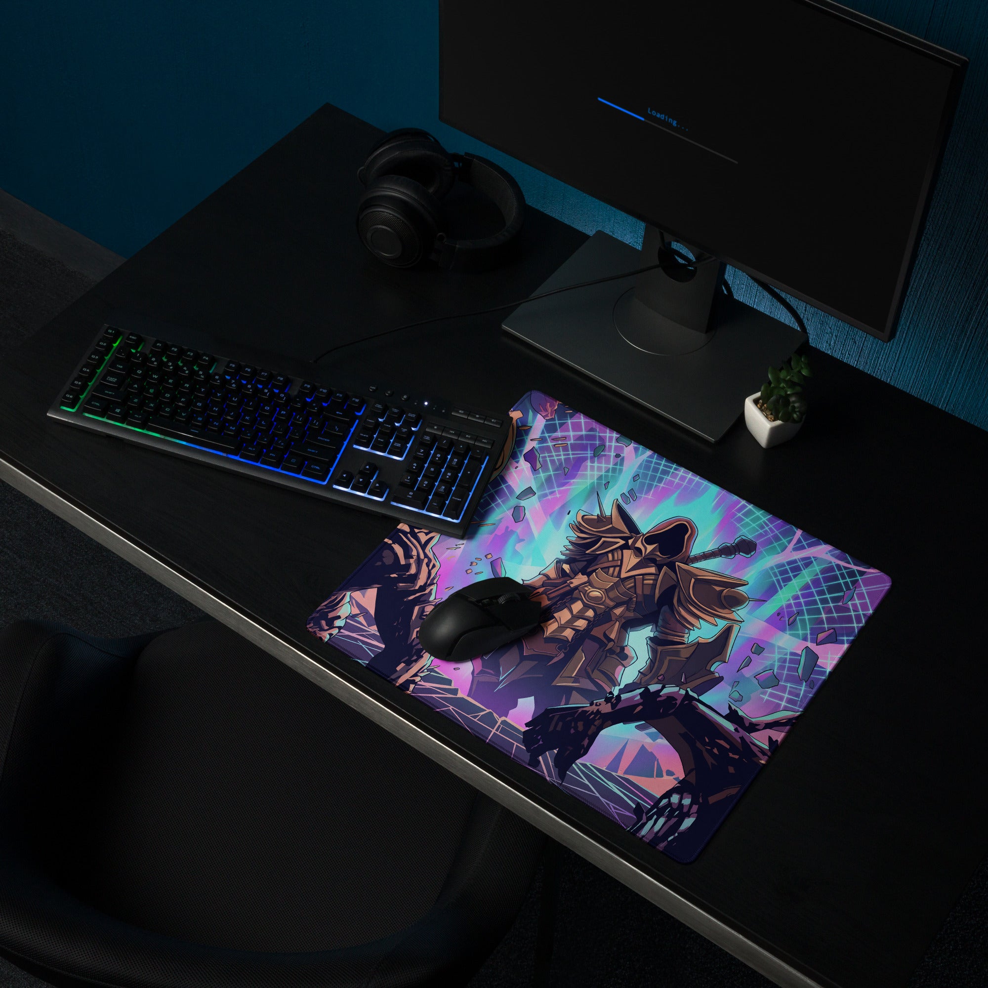 Vaporwave neon battle armor mouse pad with vibrant armored warrior illustration in pink and blue neon cyberpunk design