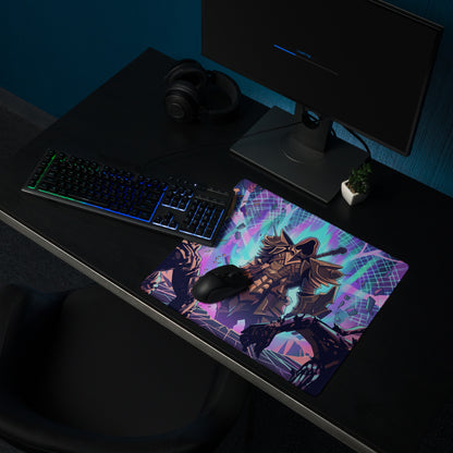 Vaporwave neon battle armor mouse pad with vibrant armored warrior illustration in pink and blue neon cyberpunk design