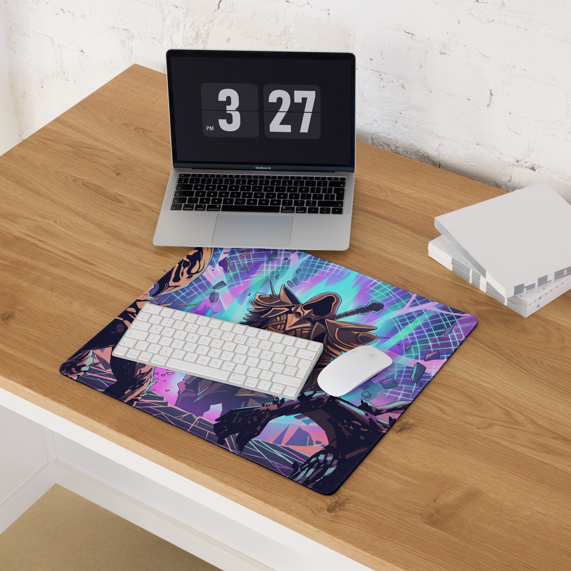 Vibrant purple and teal cyberpunk gaming mousepad with detailed futuristic warrior illustration and glowing effects