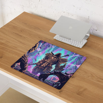 Vibrant purple and teal digital art vaporwave neon battle armor mouse pad featuring a stylized armored warrior design