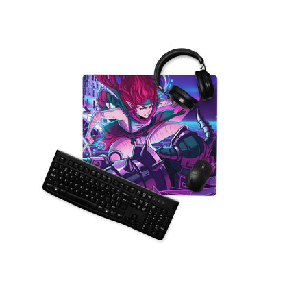 Neon vaporwave gaming mouse pad in vibrant purple and pink with red-haired anime character and futuristic city backdrop