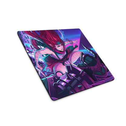 Neon vaporwave gaming mouse pad in vibrant purple and pink with dynamic red-haired anime character in action pose