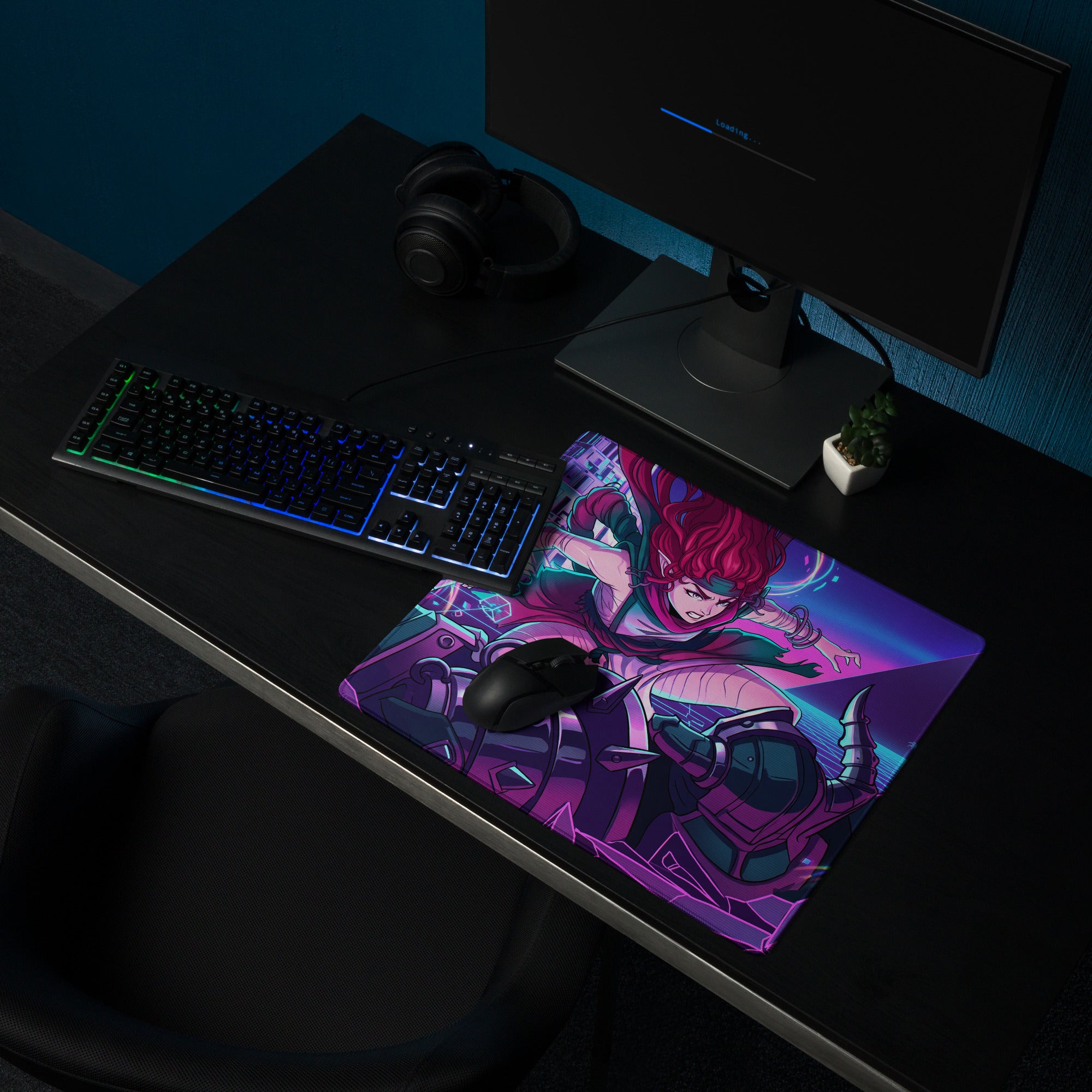 Vibrant purple and pink neon vaporwave gaming mousepad with dynamic anime character illustration for esports use