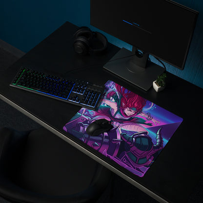 Vibrant purple and pink neon vaporwave gaming mousepad with dynamic anime character illustration for esports use