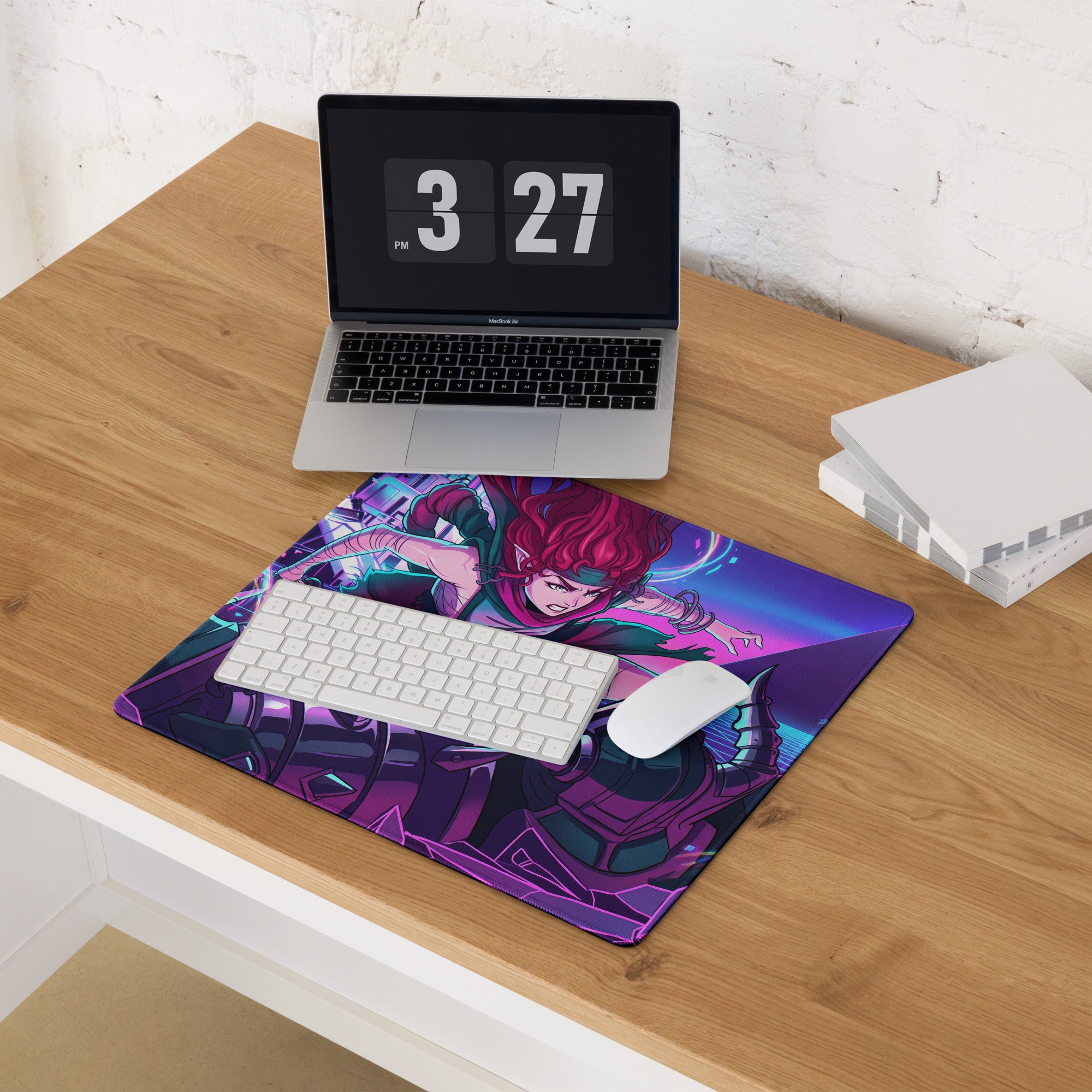 Neon vaporwave gaming mouse pad with dynamic purple and blue anime character illustration for esports and cyberpunk fans
