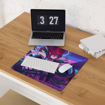 Neon vaporwave gaming mouse pad with dynamic purple and blue anime character illustration for esports and cyberpunk fans