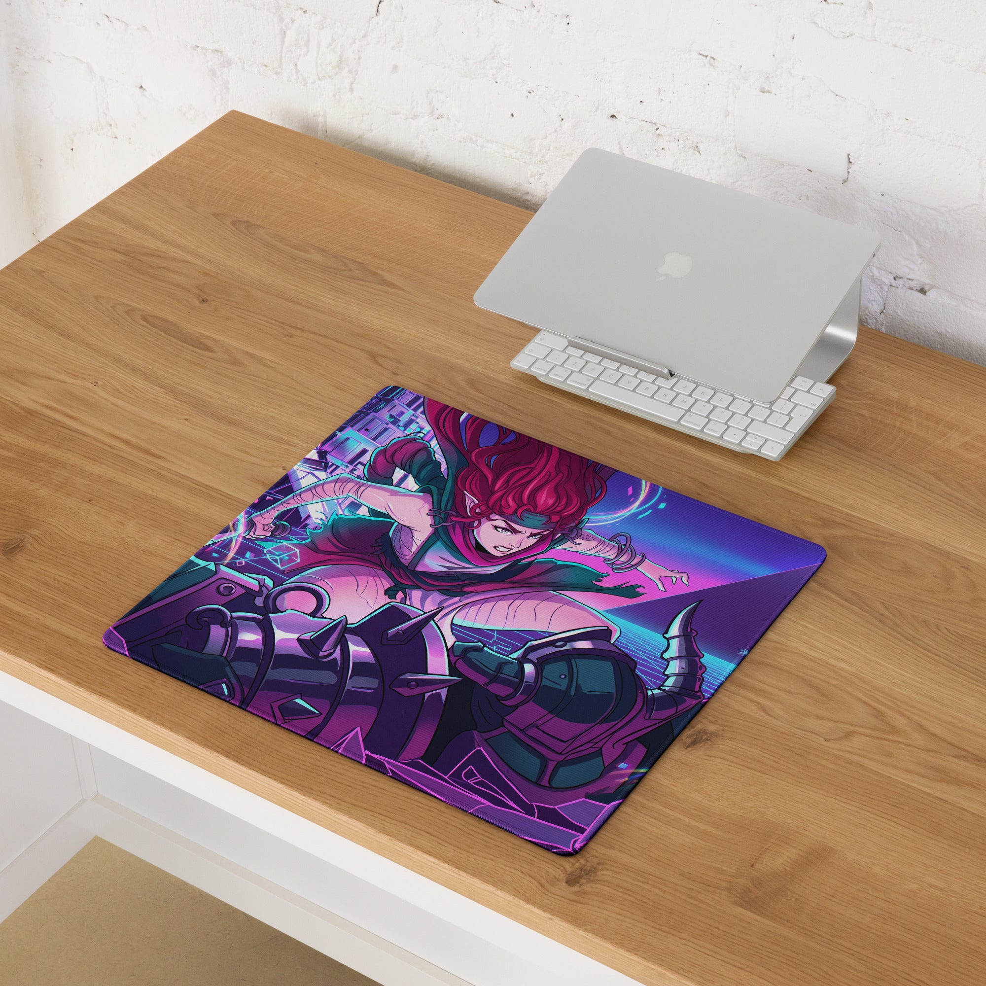 Neon vaporwave gaming mousepad with vibrant purple and pink anime character featuring red hair and futuristic armor