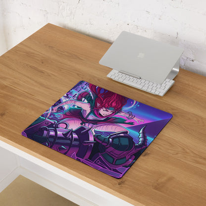 Neon vaporwave gaming mousepad with vibrant purple and pink anime character featuring red hair and futuristic armor