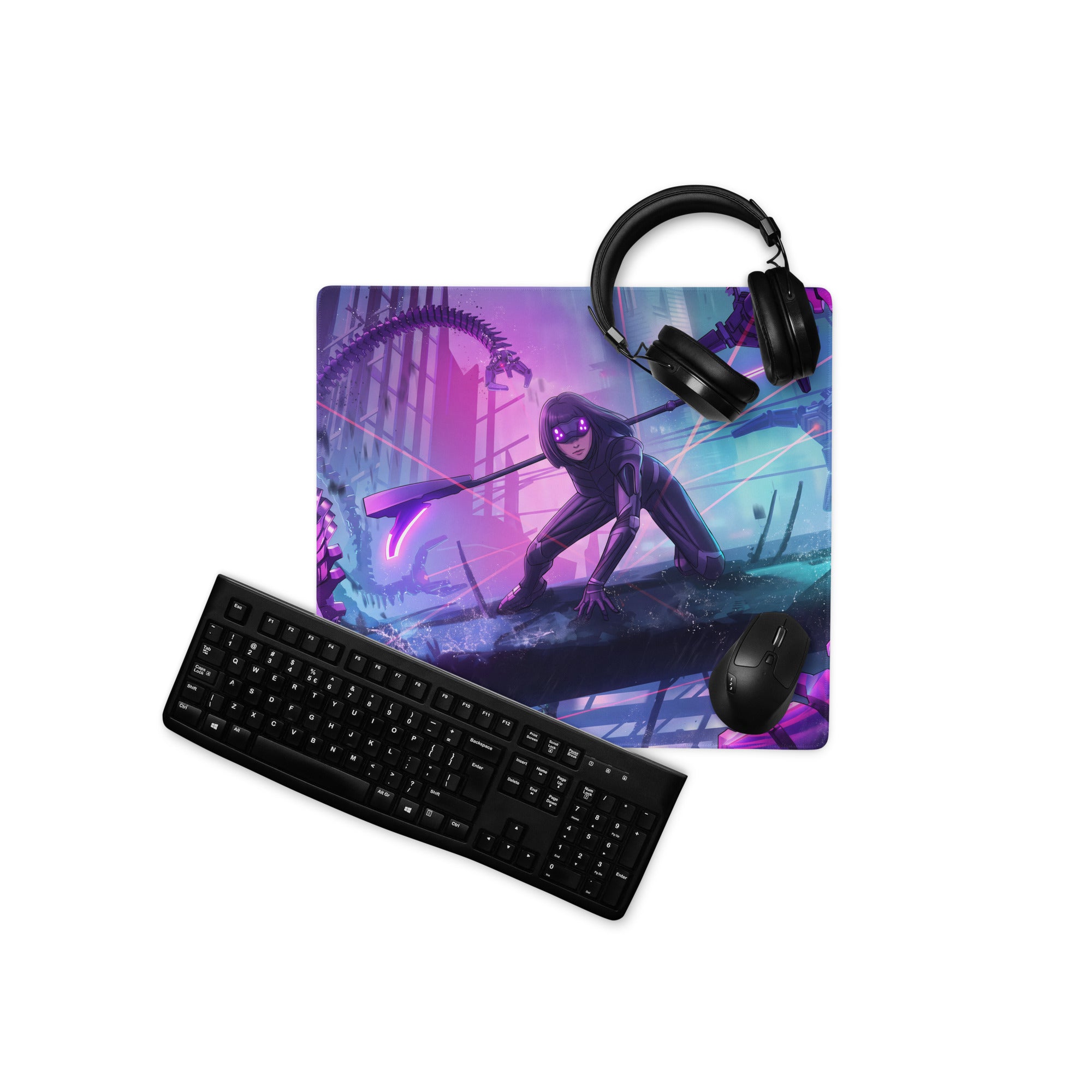 Vibrant purple and pink vaporwave neon night gaming mouse pad with action character design black keyboard and headset on top