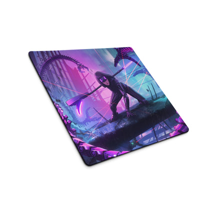 Purple and blue neon vaporwave night gaming mouse pad featuring a futuristic character battling alien creatures in cyberpunk style