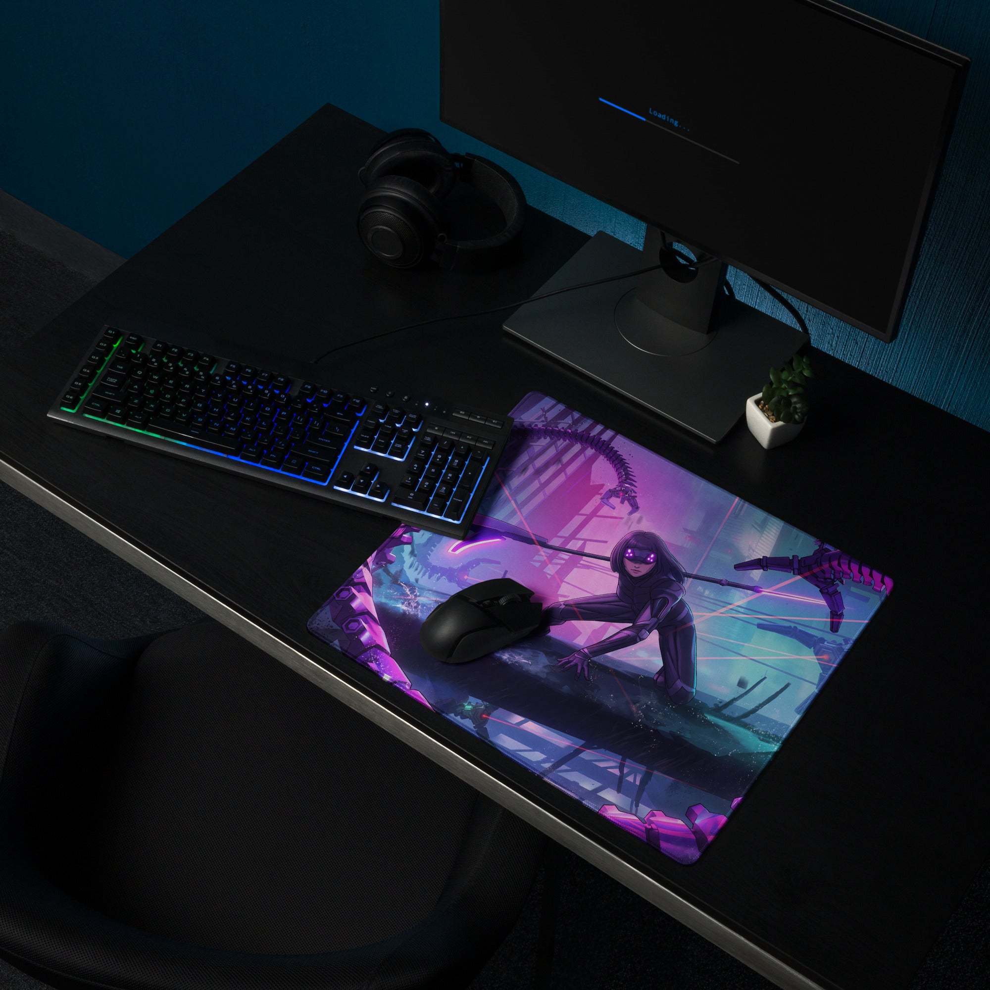 Purple and pink vaporwave neon night gaming mouse pad with dark character and glowing weapons for desk setup