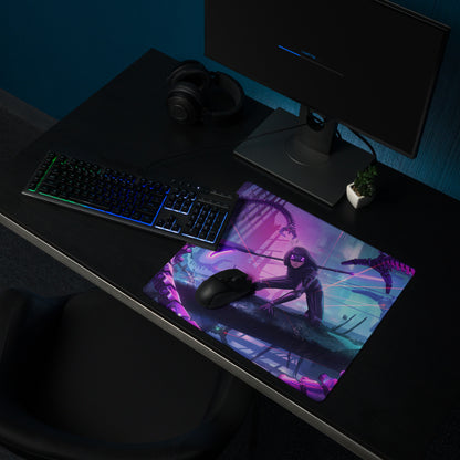 Purple and pink vaporwave neon night gaming mouse pad with dark character and glowing weapons for desk setup