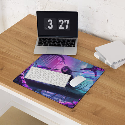 Purple and blue vaporwave neon night gaming mouse pad with fantasy character design for futuristic desk setup
