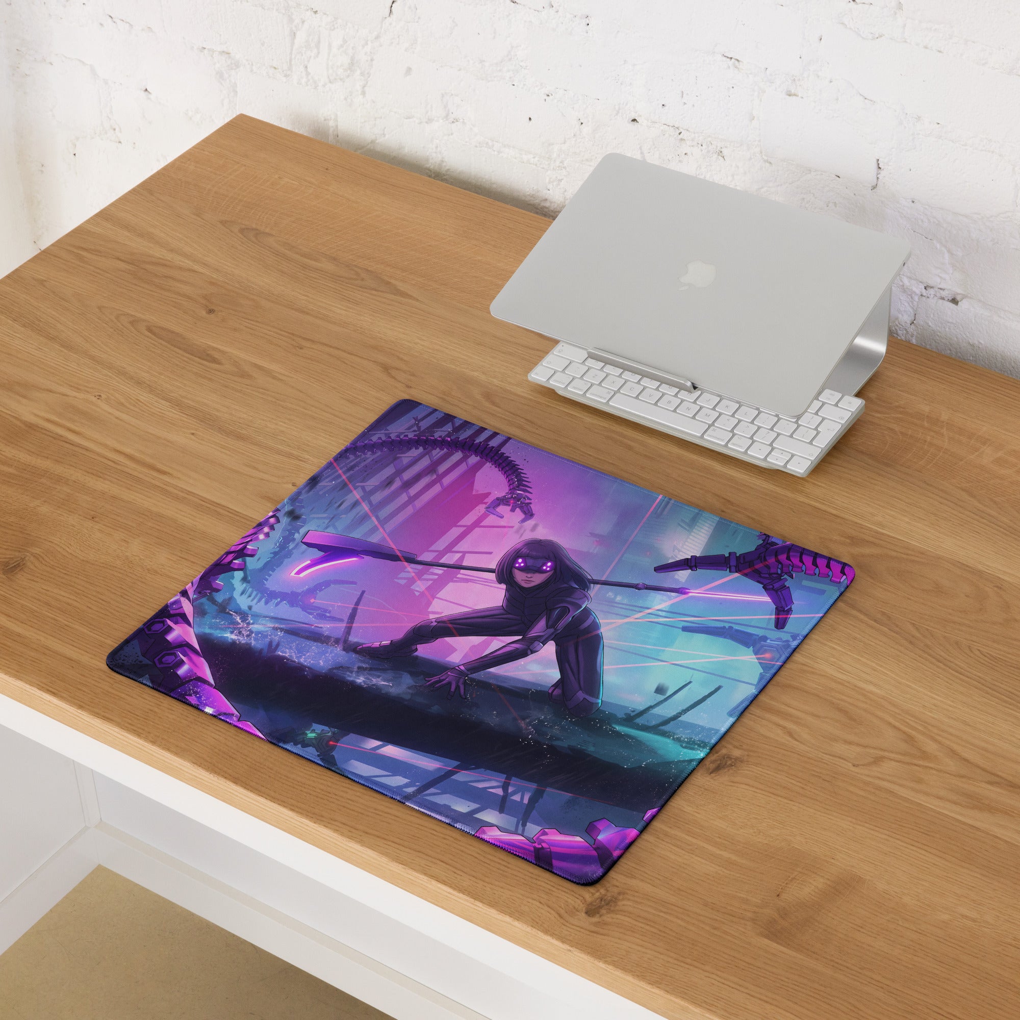 Purple and pink vaporwave neon night gaming mouse pad featuring a dark armored character with glowing eyes on a futuristic background