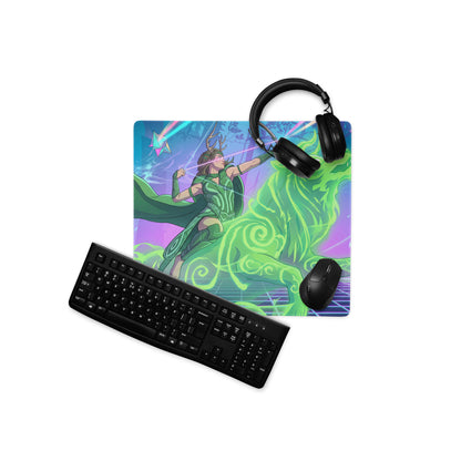 Vibrant green and purple vaporwave archer gaming mousepad with neon fantasy character design and large digital art print
