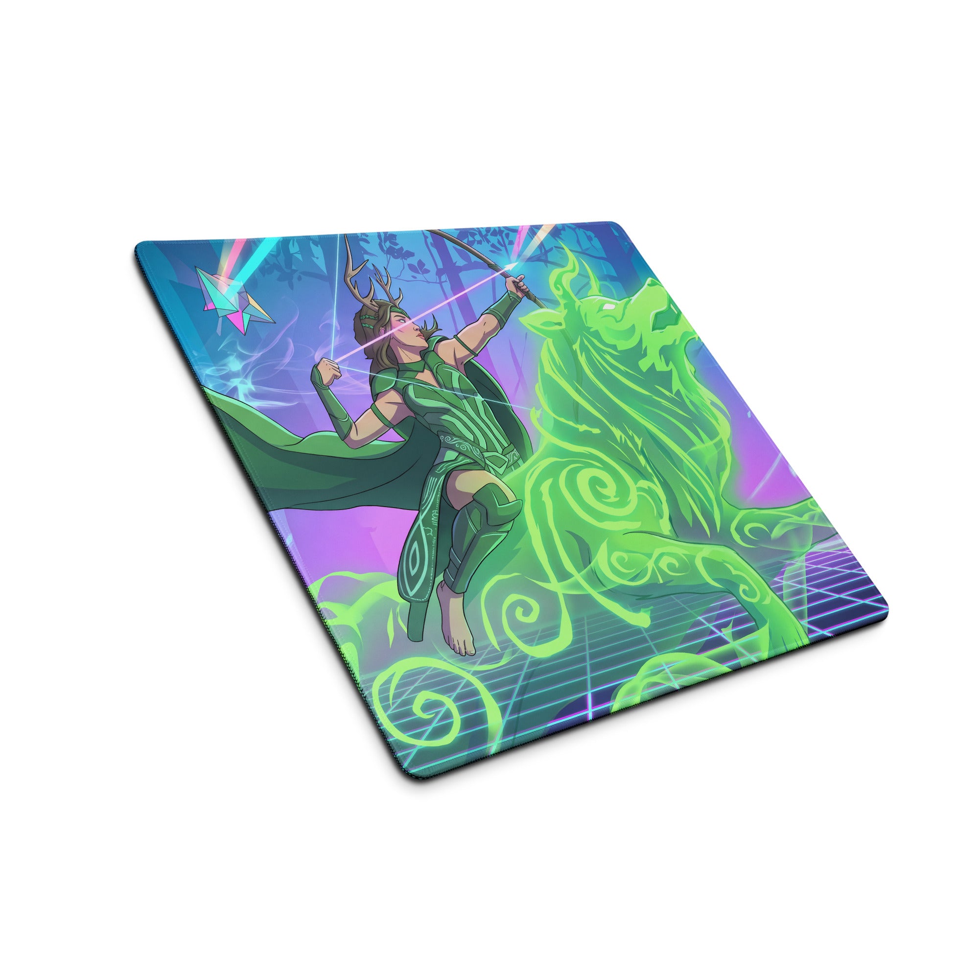 Vaporwave archer gaming pad featuring vibrant green and purple neon design with ornate archer aiming at glowing creature