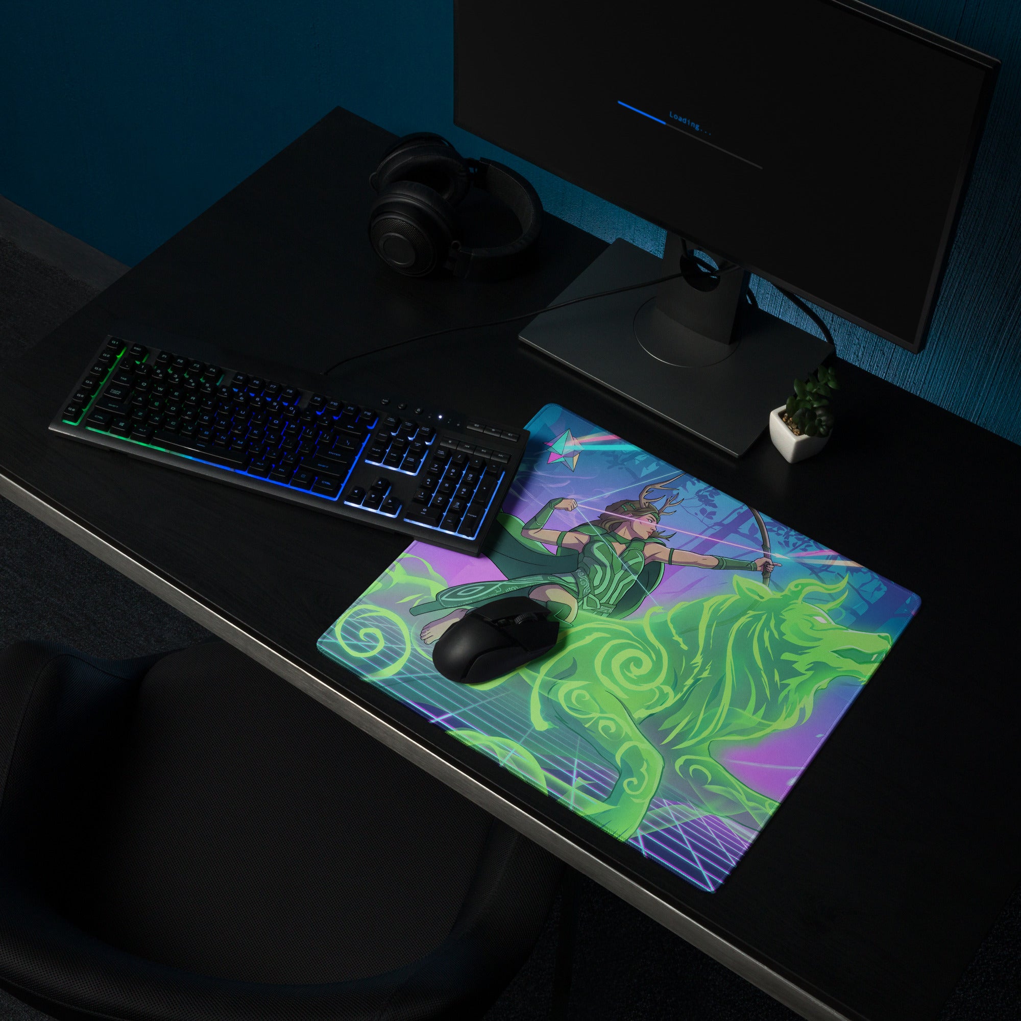 Vibrant green and purple vaporwave archer gaming mousepad featuring a dynamic warrior archer on a mystical creature