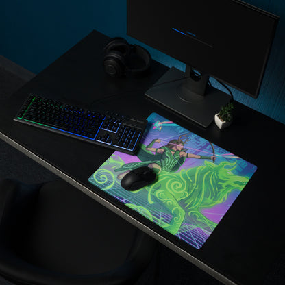 Vibrant green and purple vaporwave archer gaming mousepad featuring a dynamic warrior archer on a mystical creature