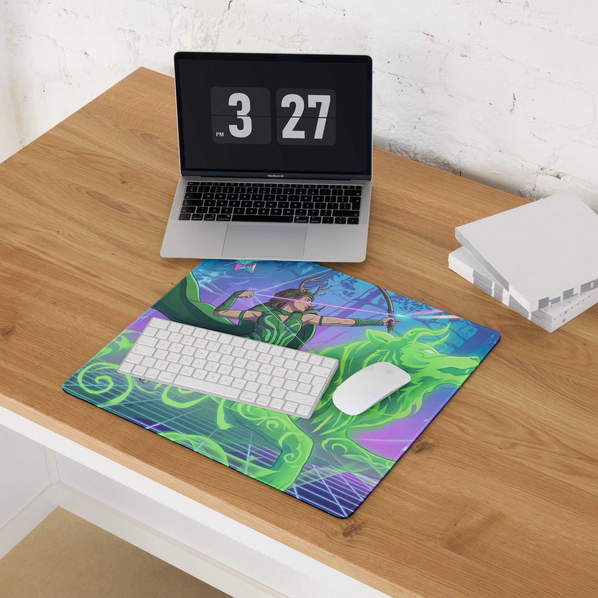 Vaporwave archer gaming pad featuring a vibrant neon green and purple illustration of a green-clad archer in action