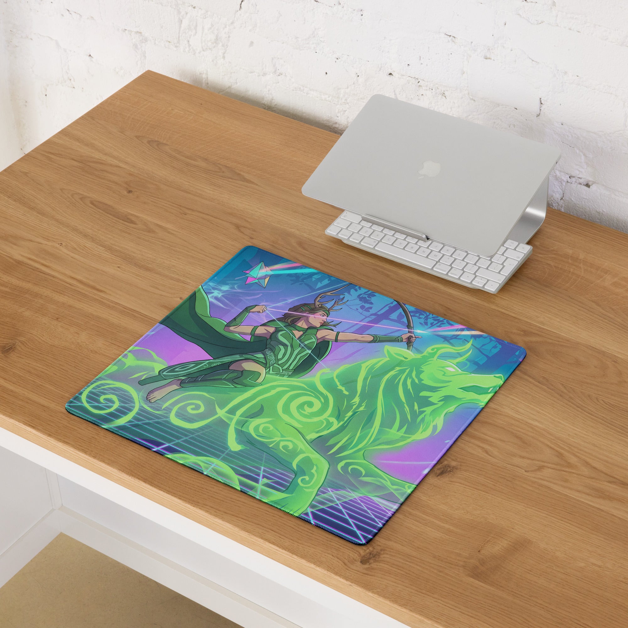Vibrant green and purple vaporwave archer gaming pad featuring a character in motion atop a glowing wolf design