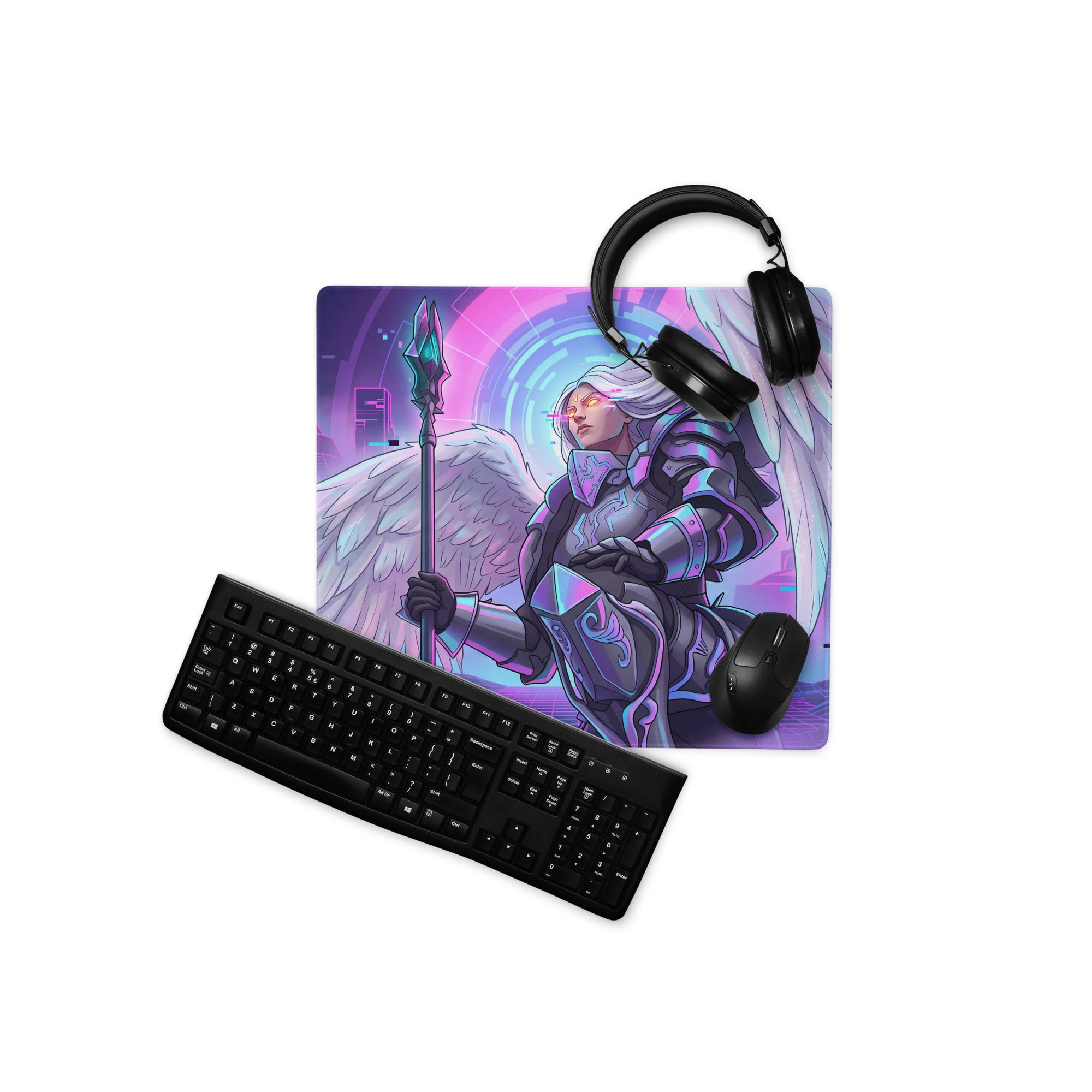 Vibrant purple and pink gaming mousepad featuring a winged angel in futuristic armor holding a spear vaporwave neon design