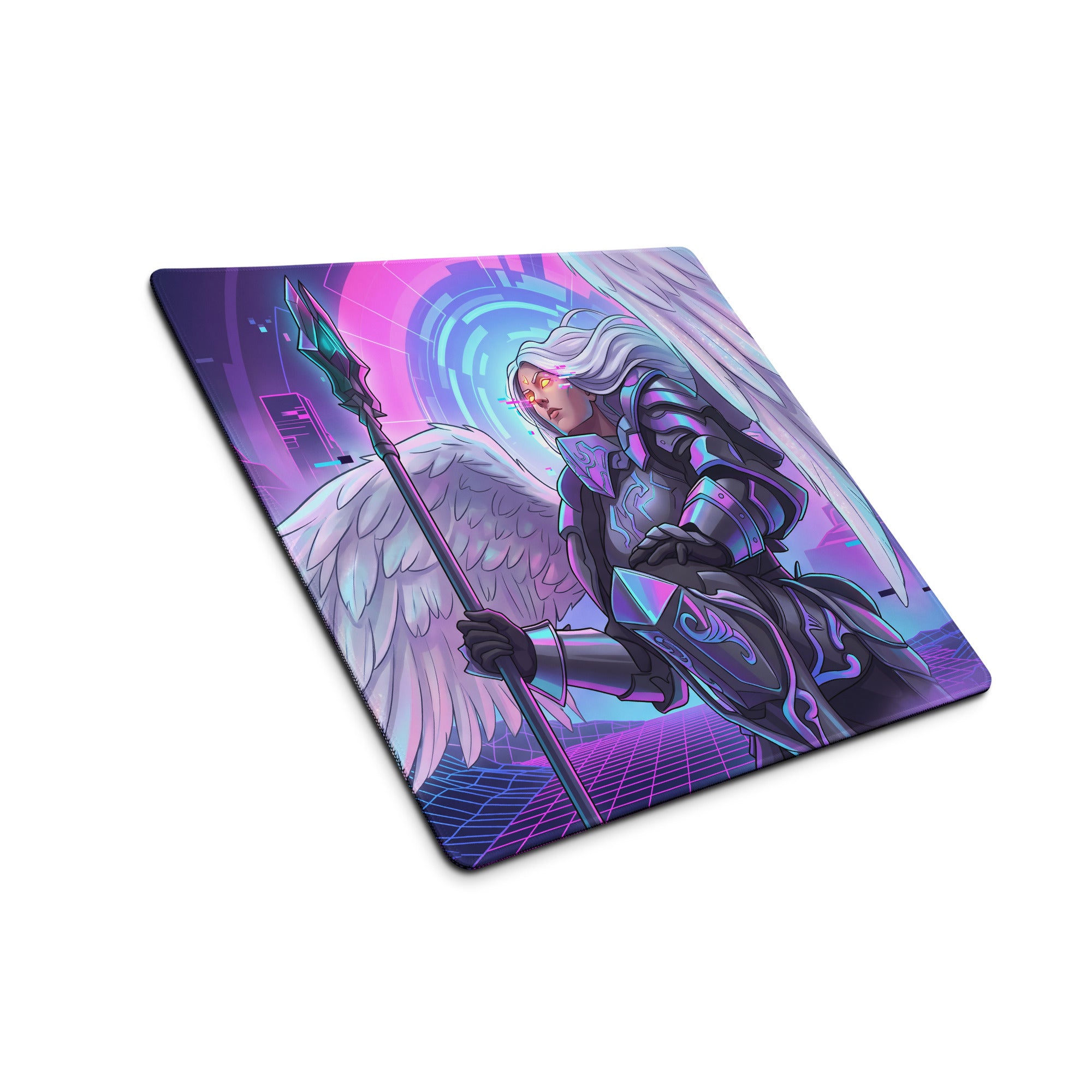 A rectangular gaming mousepad featuring a vibrant vaporwave neon winged warrior in purple pink and blue hues