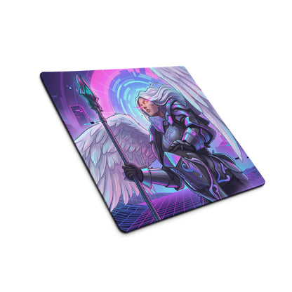 A rectangular gaming mousepad featuring a vibrant vaporwave neon winged warrior in purple pink and blue hues