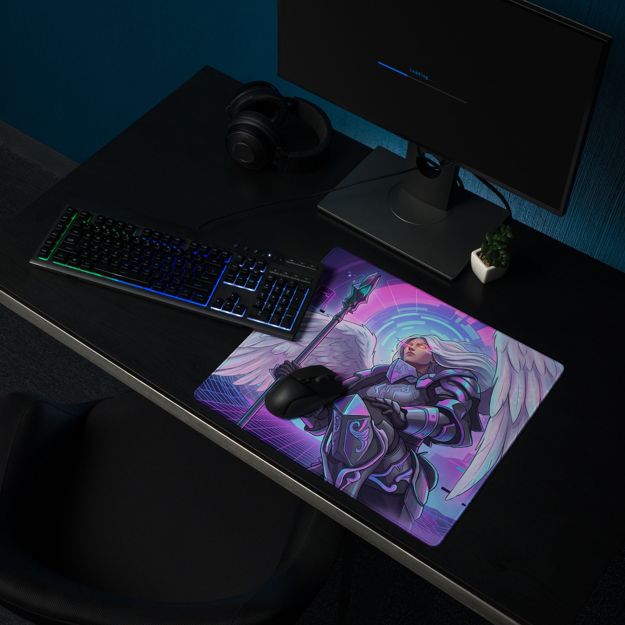 Vaporwave neon winged warrior purple pink blue gaming mousepad with angelic warrior illustration on cosmic background