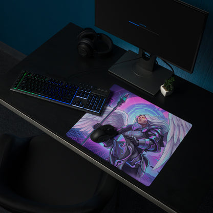 Vaporwave neon winged warrior purple pink blue gaming mousepad with angelic warrior illustration on cosmic background