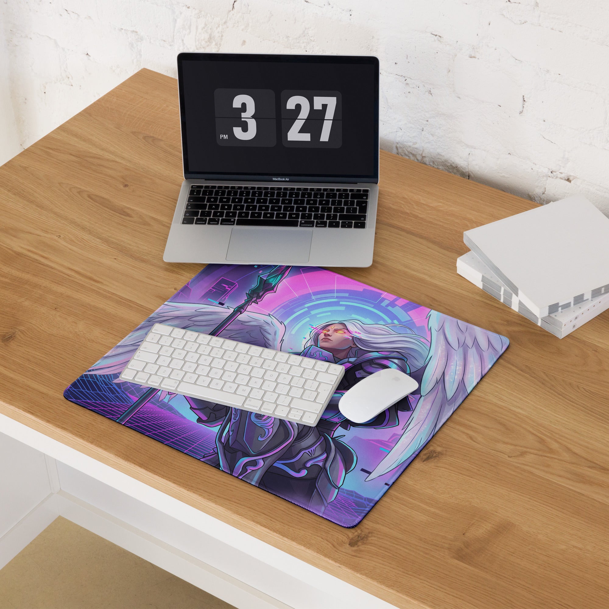 Vaporwave neon winged warrior purple pink blue gaming desk mousepad with illustrated angel wings under keyboard and mouse