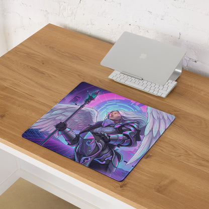 A rectangular gaming mousepad featuring a vibrant futuristic angel in silver and purple armor on a cosmic background
