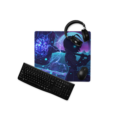 Neon vaporwave large gaming mouse pad in navy blue and purple with stylized anime character and glowing neon accents