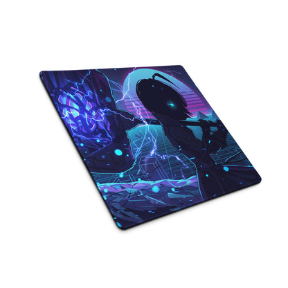 Navy blue and purple neon vaporwave large gaming mouse pad with stylized anime character and glowing cyan eyes