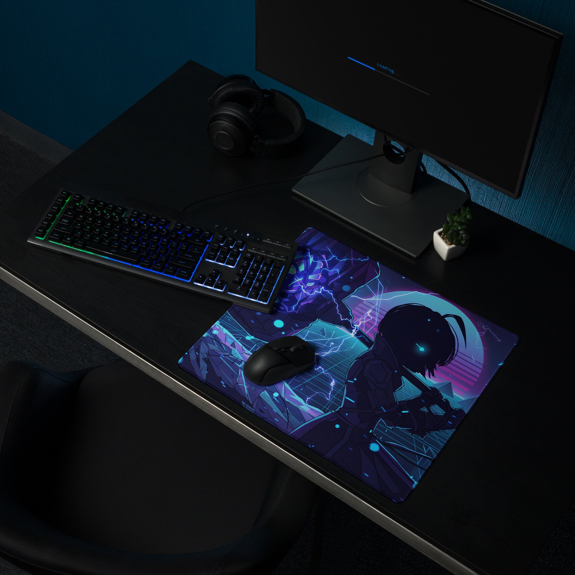 Navy blue and purple neon vaporwave large gaming mouse pad with stylized character and glowing cyan eyes on cyberpunk background