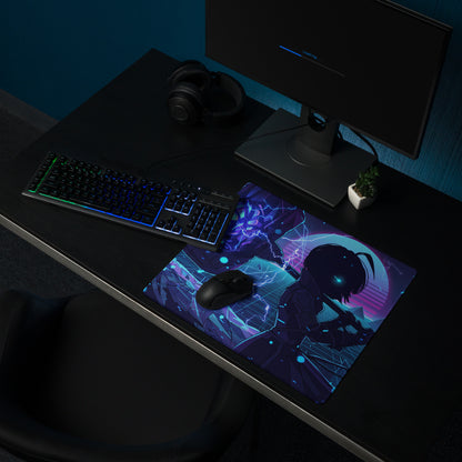 Navy blue and purple neon vaporwave large gaming mouse pad with stylized character and glowing cyan eyes on cyberpunk background