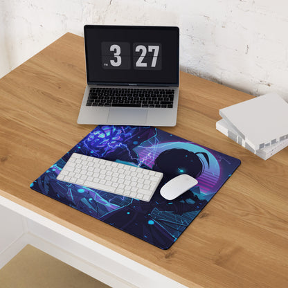 A vibrant rectangular gaming mousepad with dark blue and purple cyberpunk anime design and neon accents