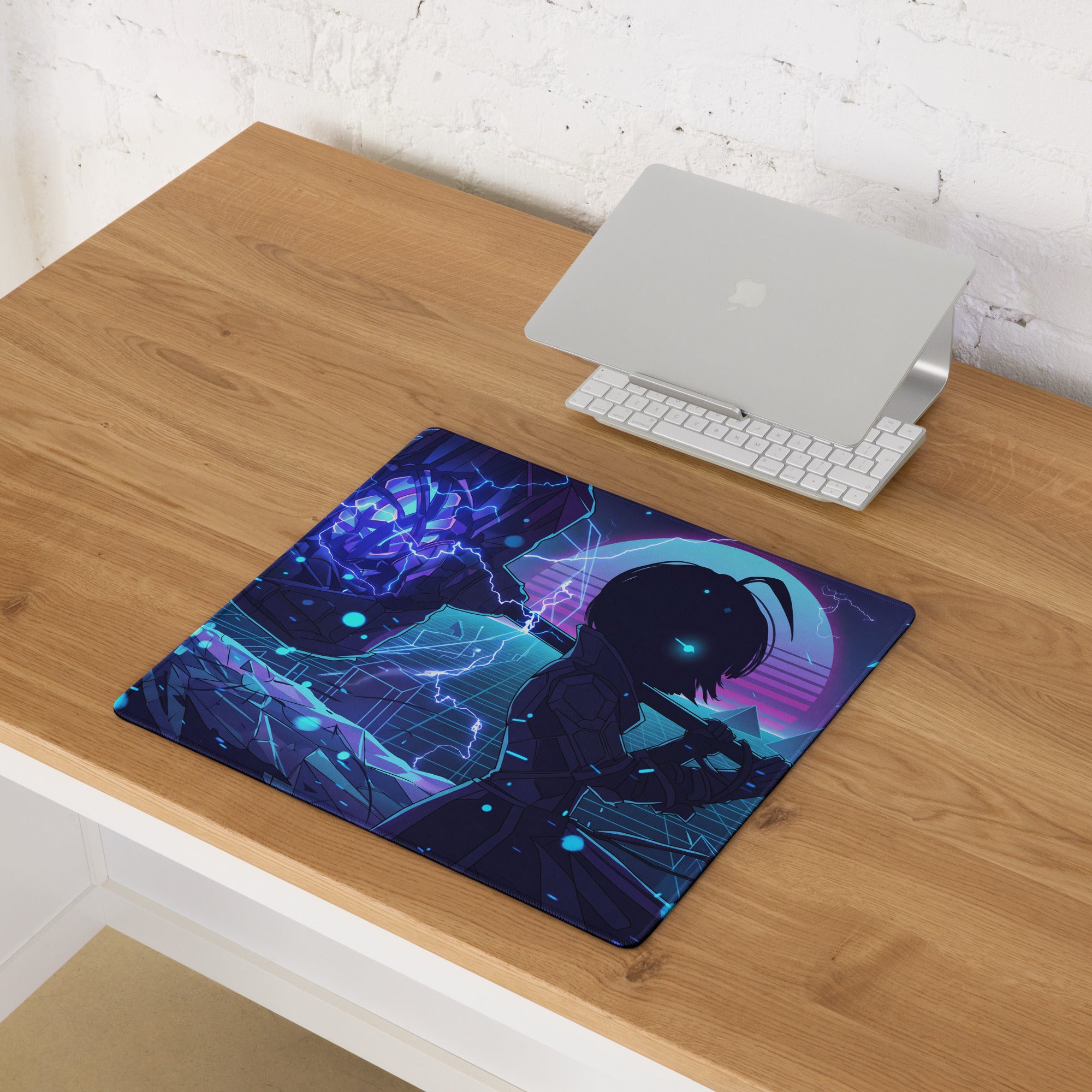 Neon vaporwave large mouse pad in navy blue and purple featuring a futuristic anime character with glowing cyan accents
